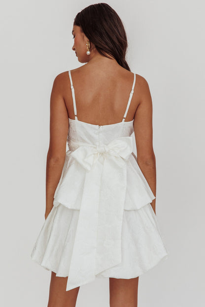 Zilara Bubble Hem Bow Mini Dress Jacquard White