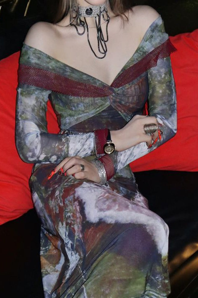 Gothic Print Long Sleeve Midi Dress
