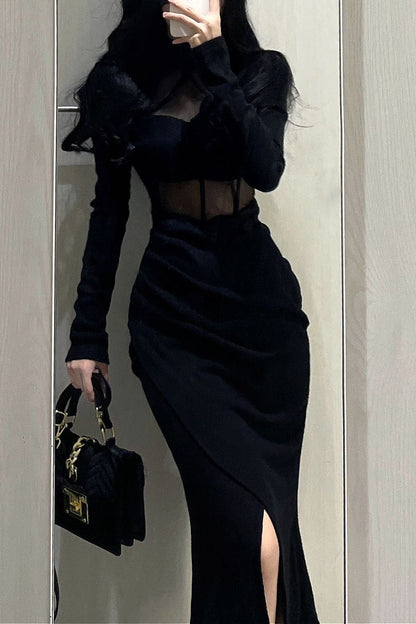 Black Mesh Sheer Slim Bodycon Midi Dress