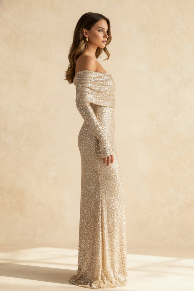 Sequin Long Sleeve Charming Off-Shoulder Maxi Dress