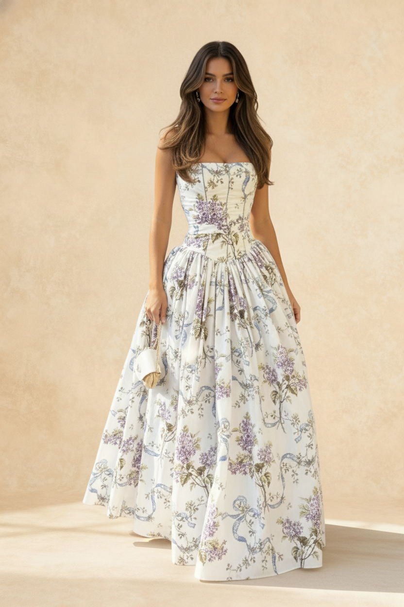 Rayon Printed Strap Pleated Chic Maxi Dress