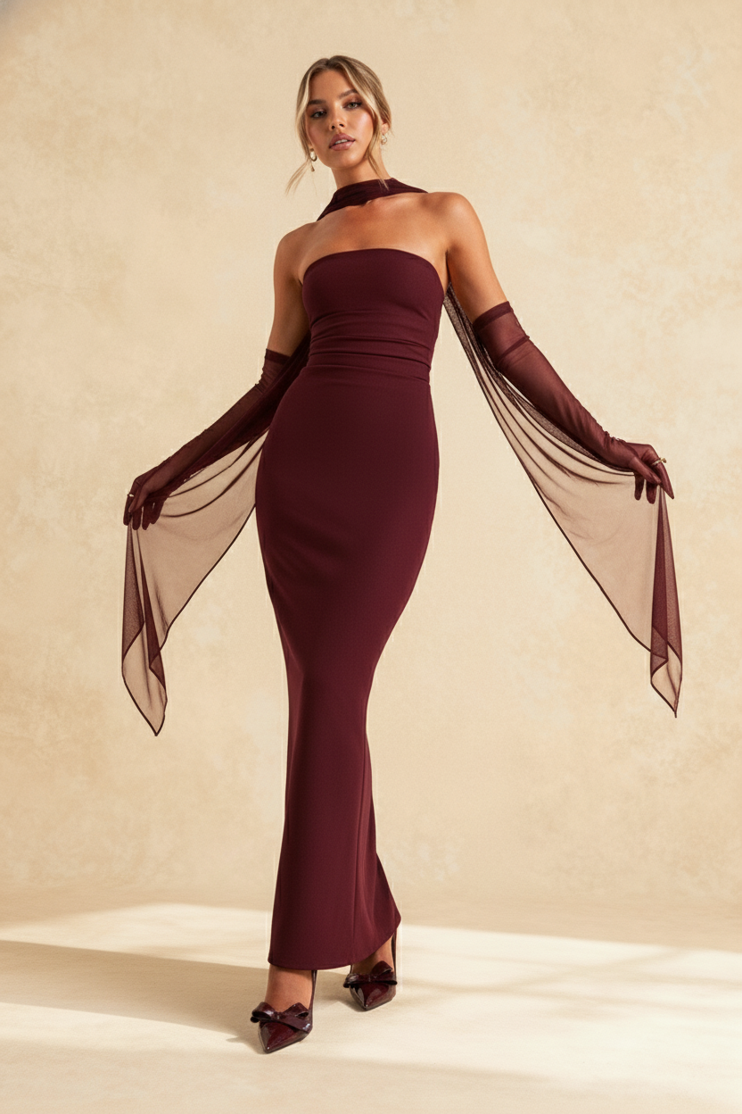 Hudson Maxi Dress With Stole And Gloves - Maroon
