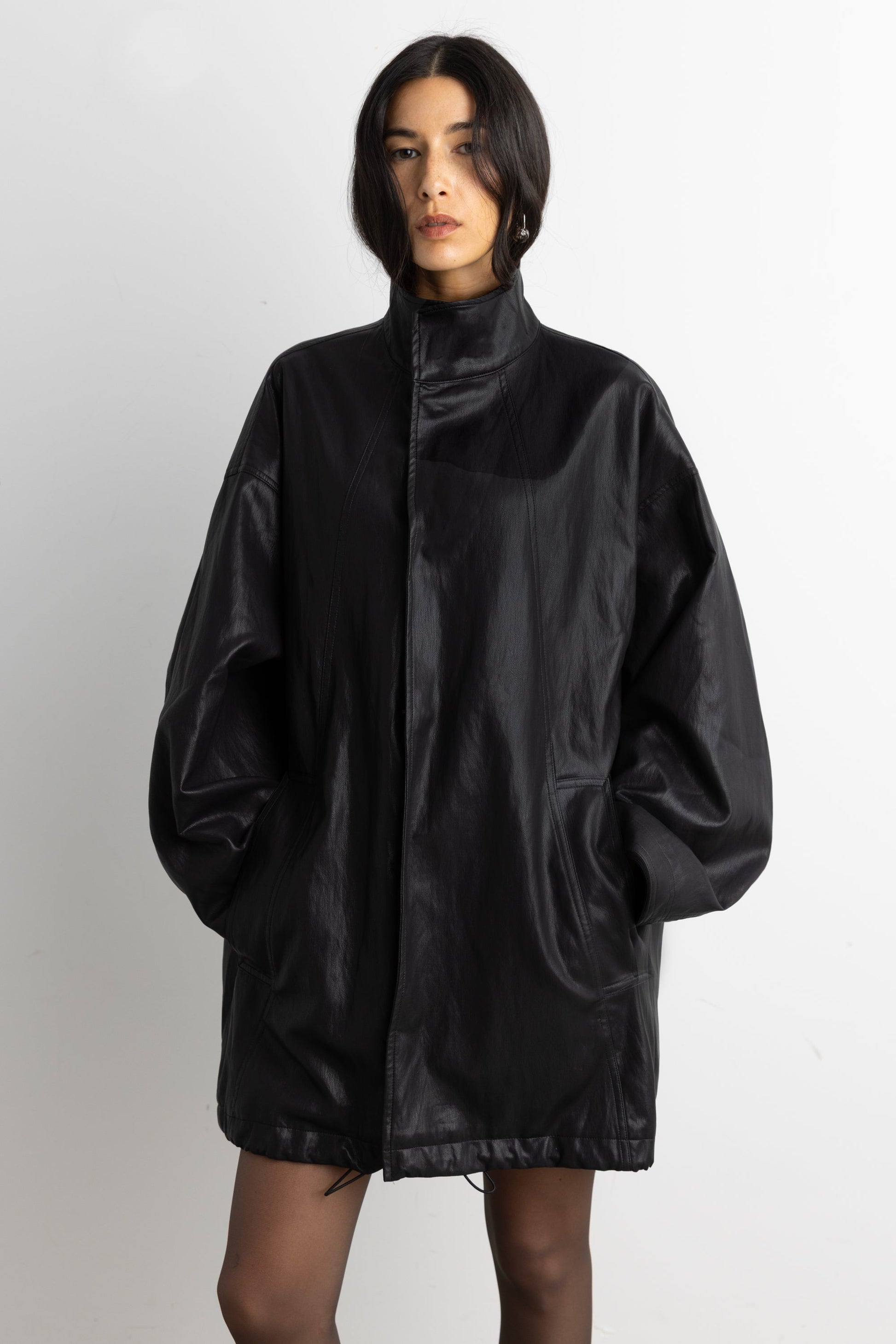 OVERSIZED FUNNEL NECK VEGAN LEATHER JACKET