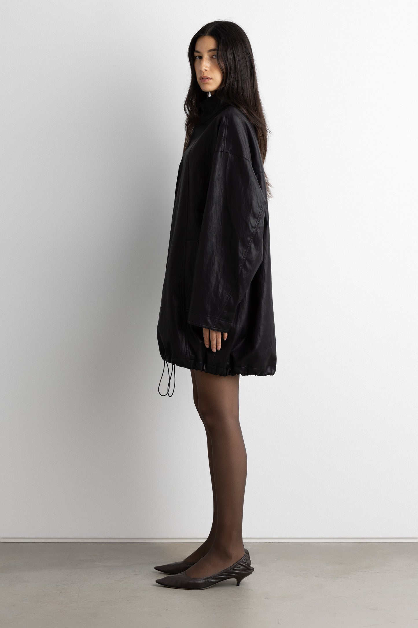 OVERSIZED FUNNEL NECK VEGAN LEATHER JACKET