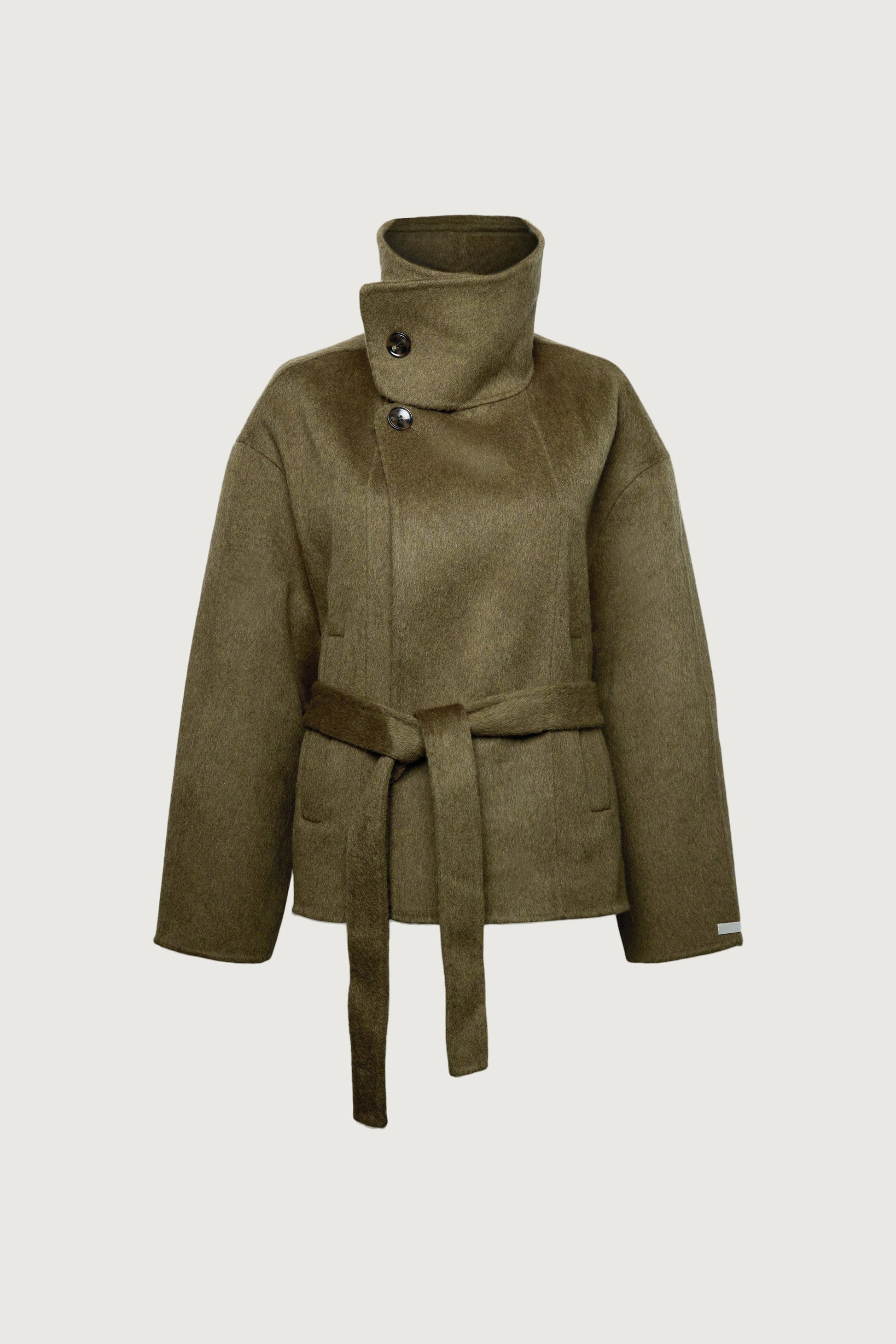 BRUSHED WOOL HAND MADE FUNNEL NECK COAT WITH BELT