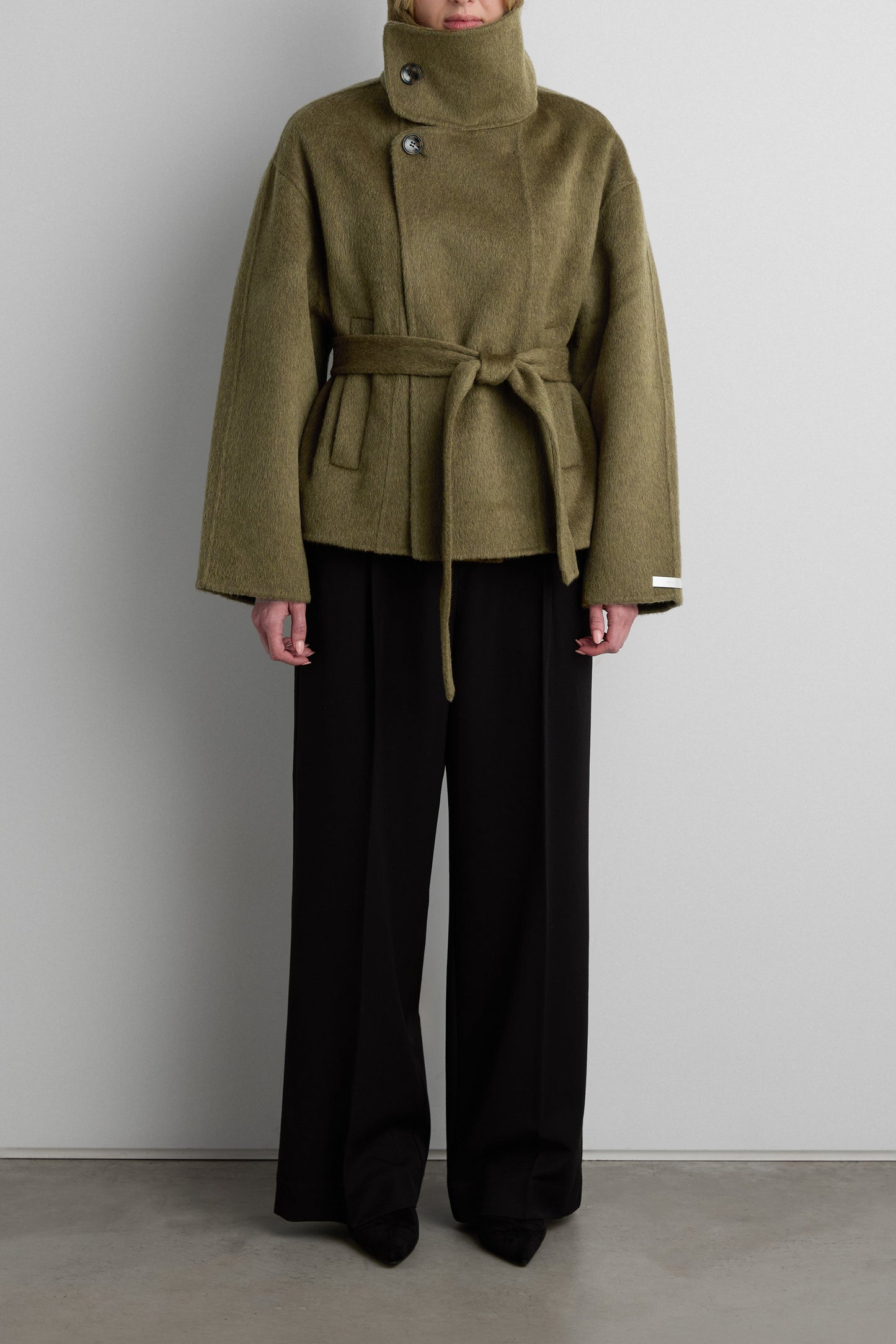 BRUSHED WOOL HAND MADE FUNNEL NECK COAT WITH BELT