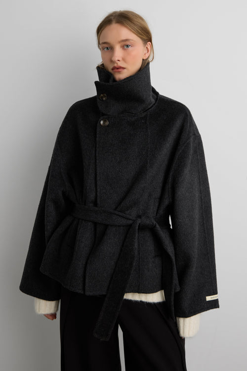 BRUSHED WOOL HAND MADE FUNNEL NECK COAT WITH BELT