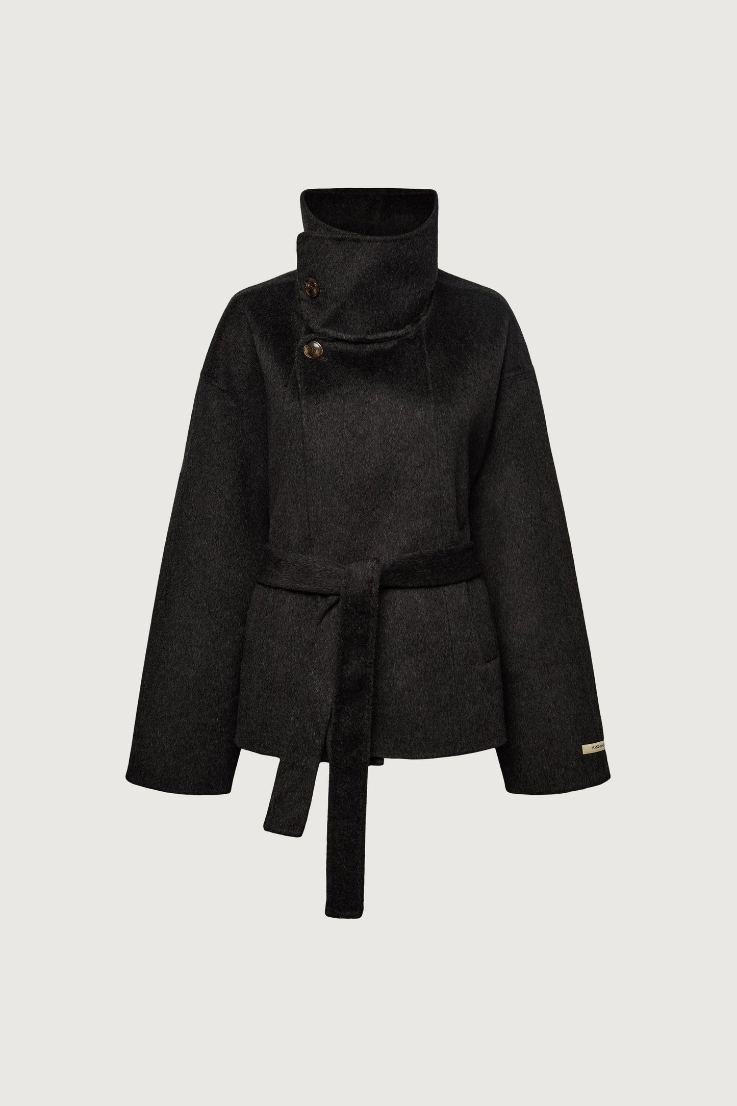 BRUSHED WOOL HAND MADE FUNNEL NECK COAT WITH BELT
