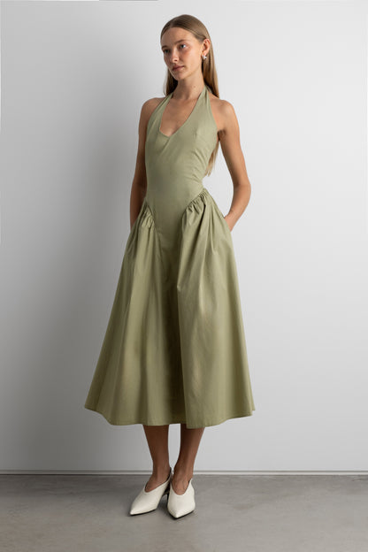 COTTON POPLIN HALTER MIDI DRESS