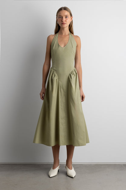 COTTON POPLIN HALTER MIDI DRESS