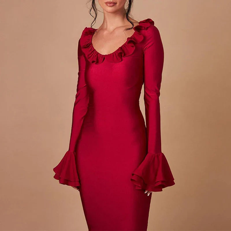 DressBetty - 2024 Elegant Solid Color O Neck Flare Sleeve Lace-up Ruffles Maxi Dress