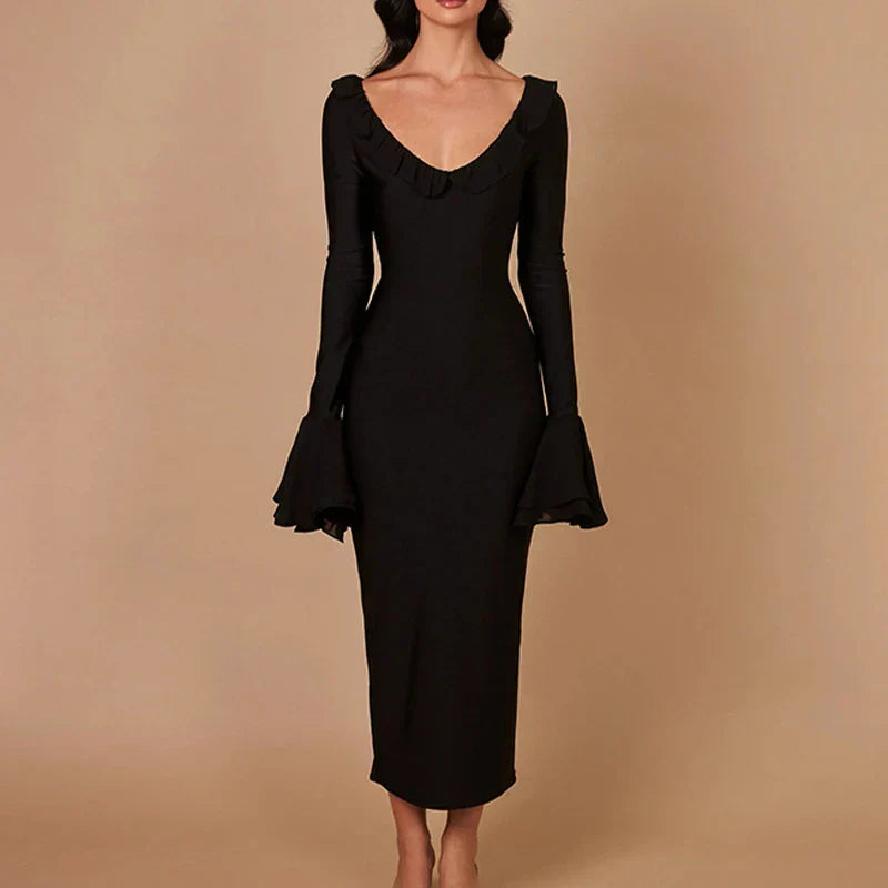DressBetty - 2024 Elegant Solid Color O Neck Flare Sleeve Lace-up Ruffles Maxi Dress