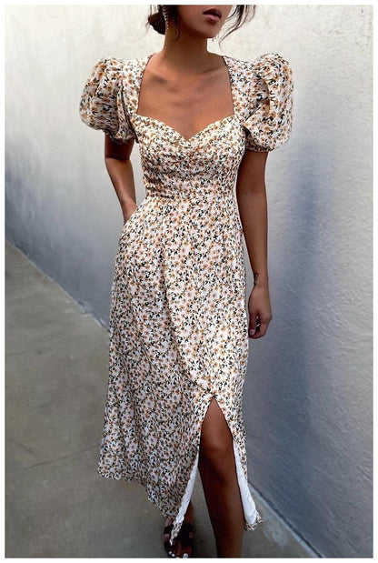 DressBetty - Midi Dress Vintage Floral Print Split Blue Sundress Elegant Party Beach Dress