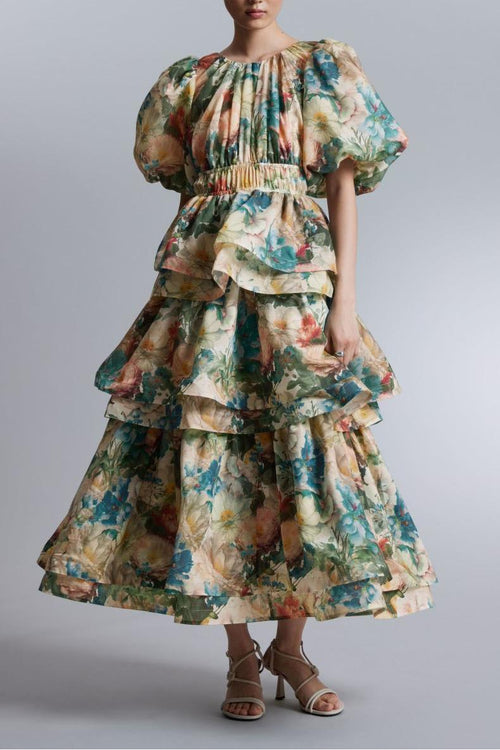 Floral Puff Sleeve Tiered Midi Dress