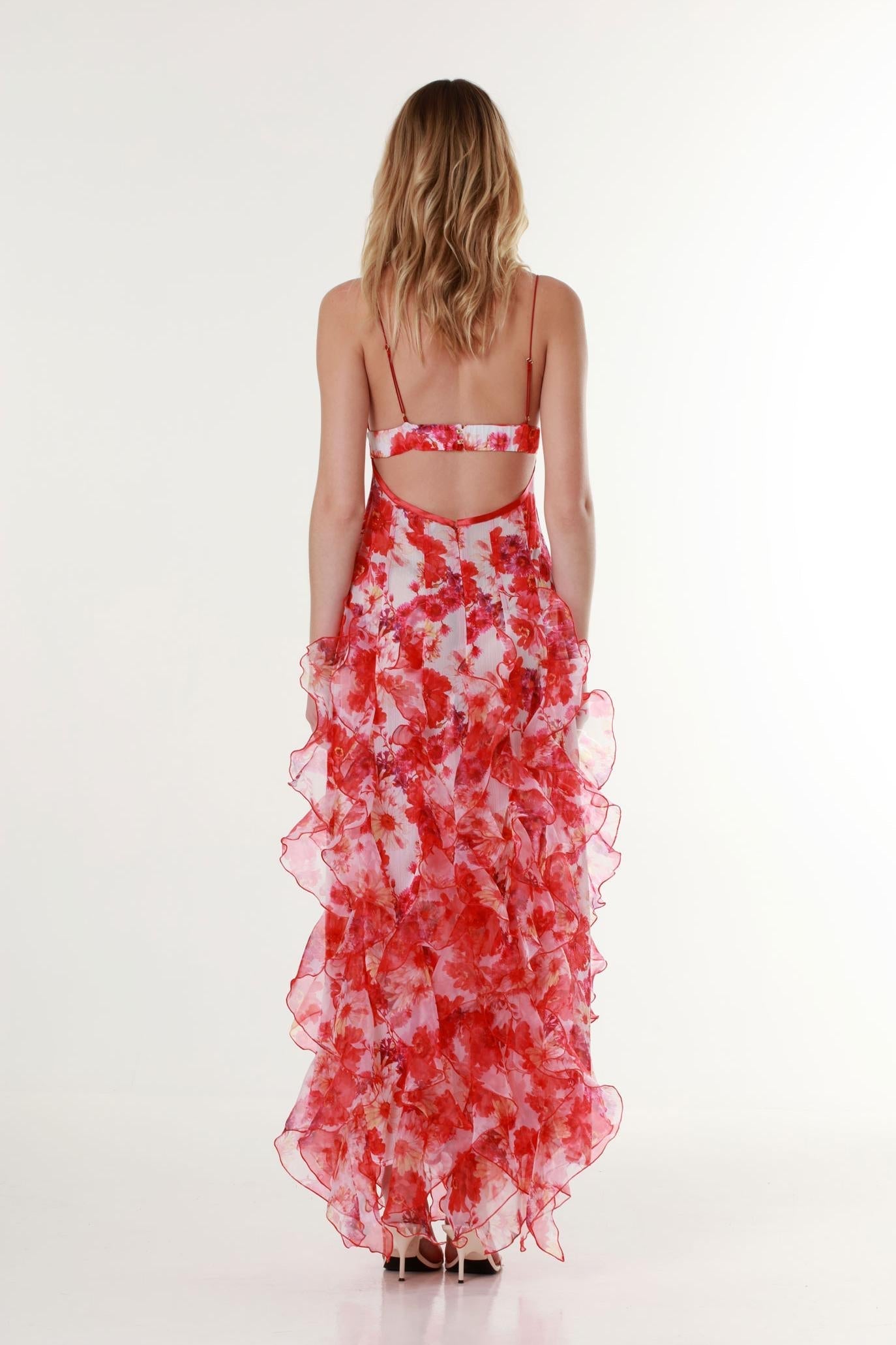 Chiffon Floral Frill Midi Dress