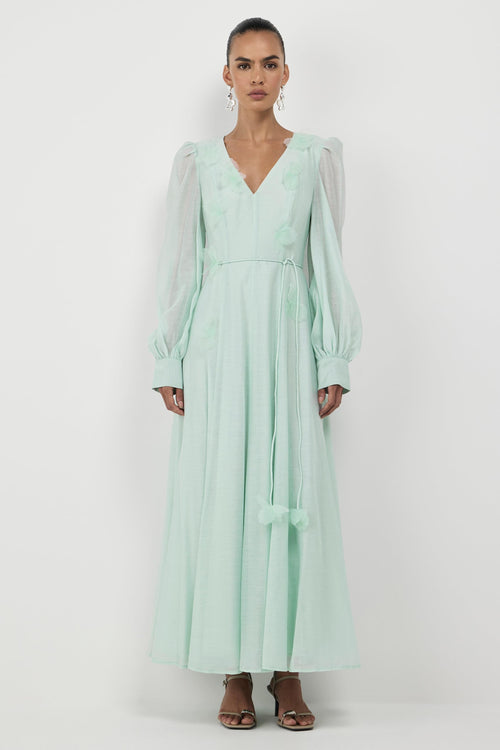 3D Flower V-Neck Lantern Sleeve Midi Dress