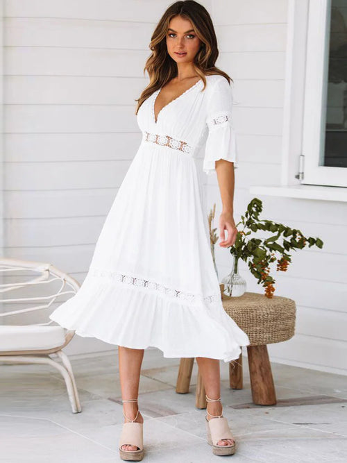 DressBetty - 2024 Sexy V Neck Lace Splice Boho Midi Dress
