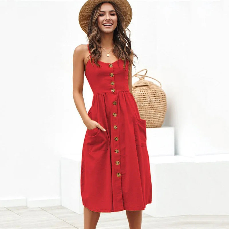 Suspender Button Backless V-Neck Midi Dress