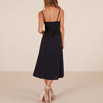 Suspender Button Backless V-Neck Midi Dress
