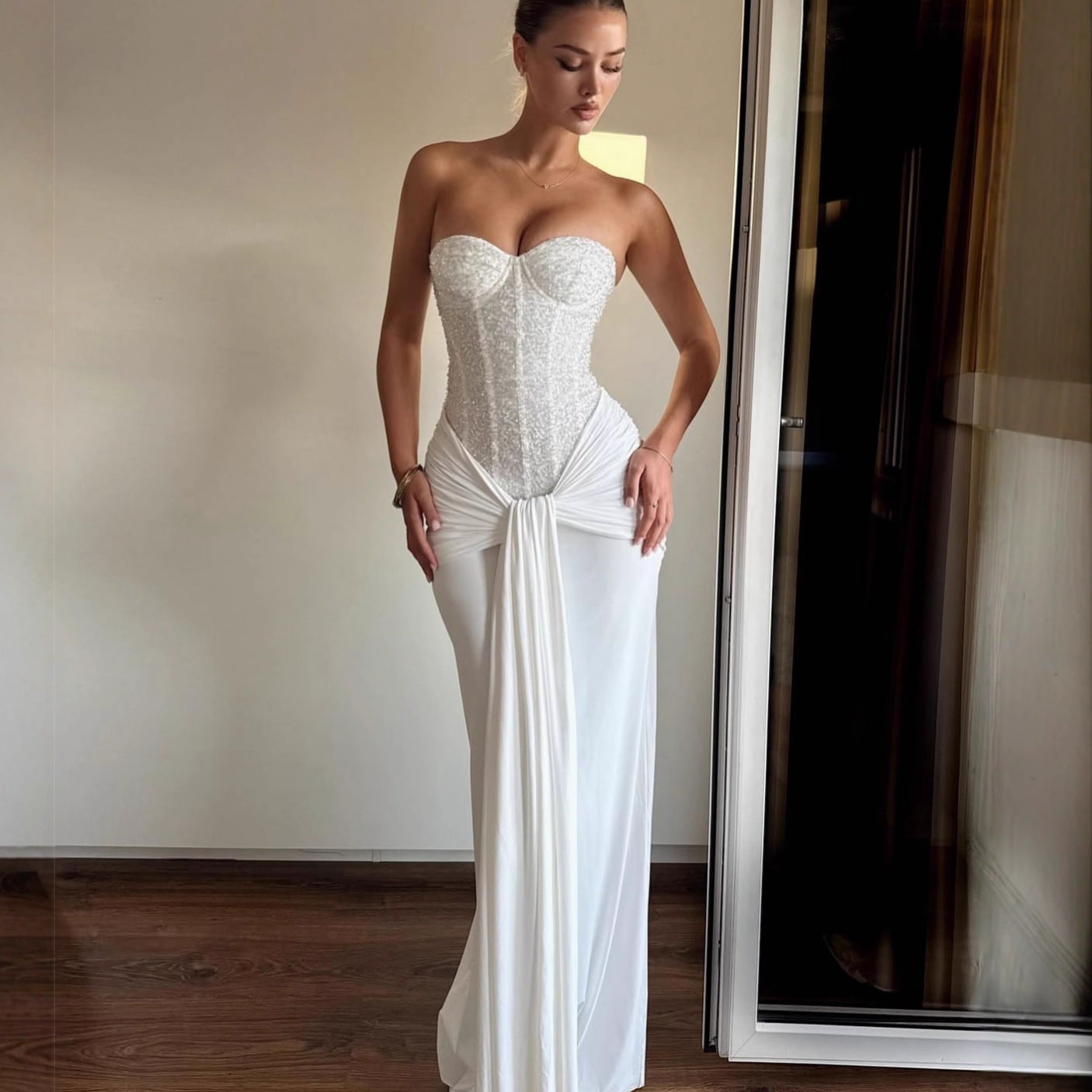 Ribbon Slim-fit Sequined Tube Top Midi Dress