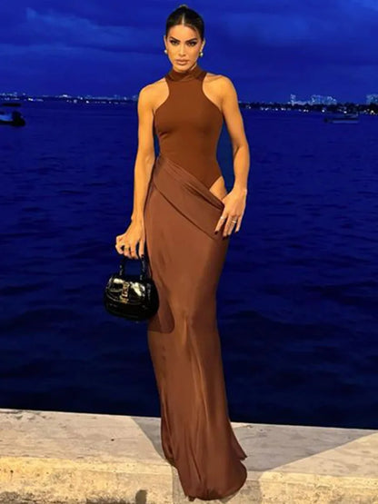 Satin Hollow Out Black Maxi Dress