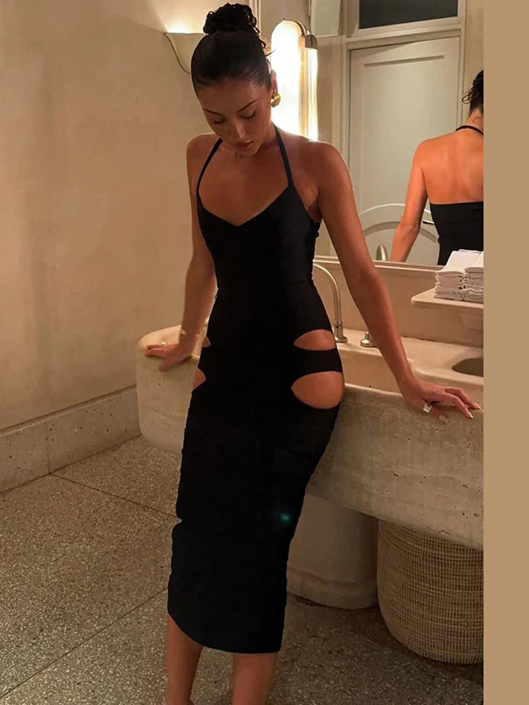 Irregular Hollow Halter Maxi Dress