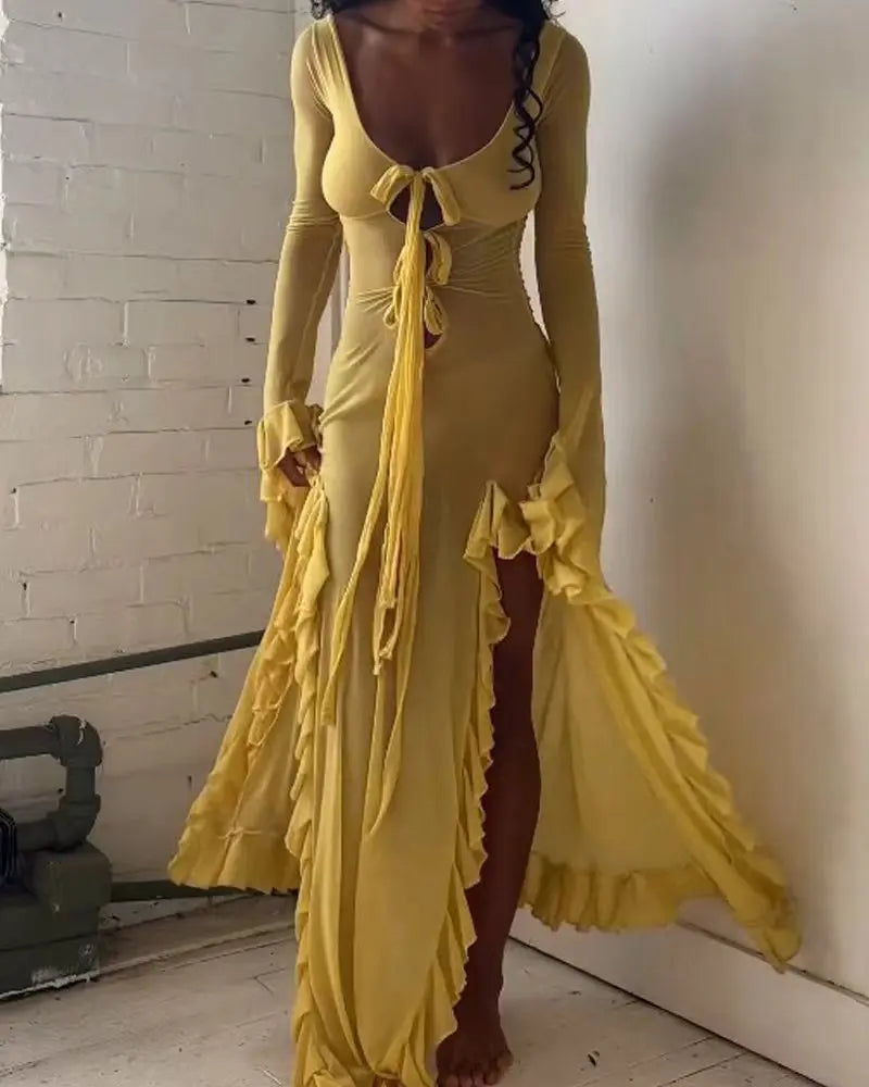 Ruffled Slit V-neck Maxi Dress