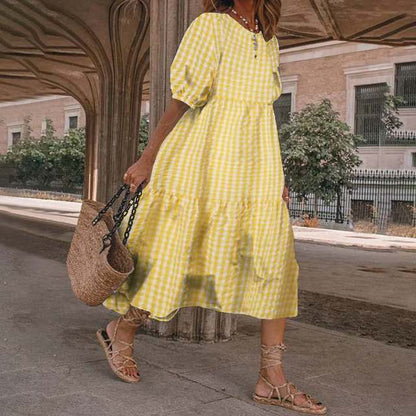 2025 Summer New Women’s Print Dress Puff Short Sleeves Ruffles Loose A-line Midi Dresses Fashion Casual Beach Vacation Vestidos