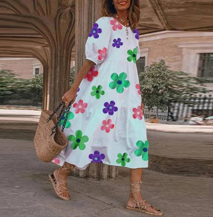 2025 Summer New Women’s Print Dress Puff Short Sleeves Ruffles Loose A-line Midi Dresses Fashion Casual Beach Vacation Vestidos