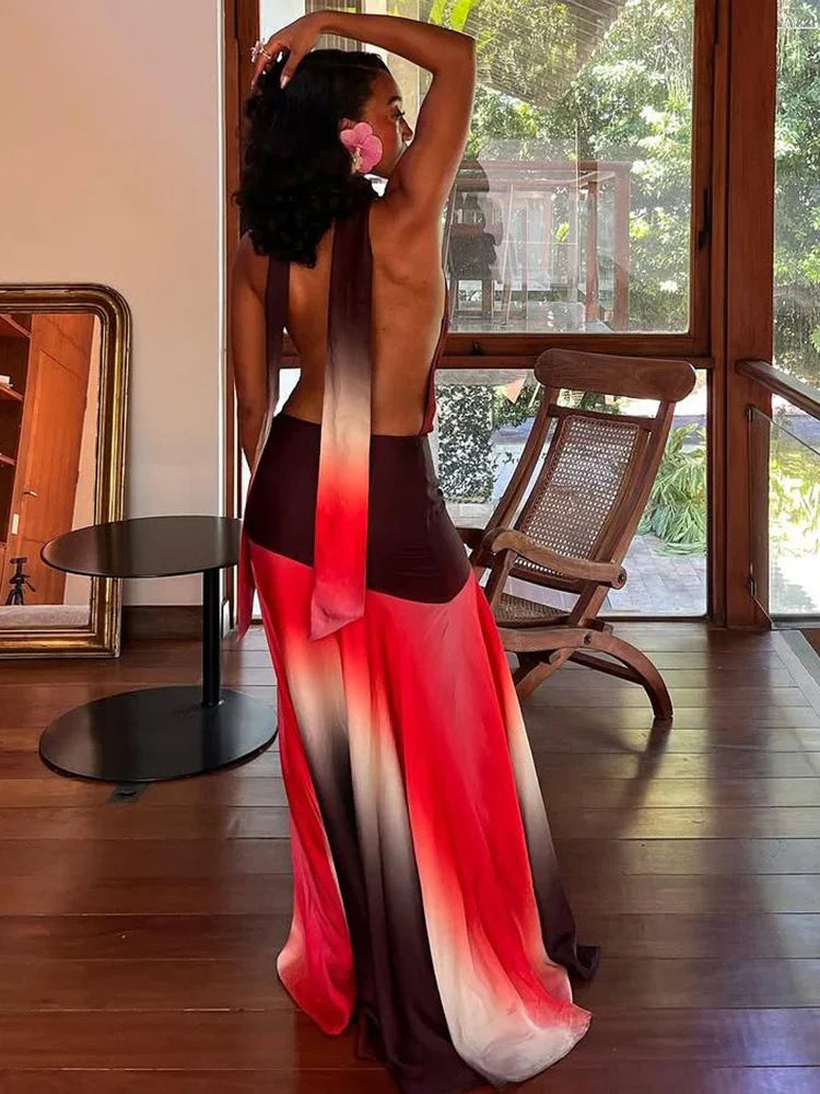 Patchwork Tassel Halter Maxi Dress