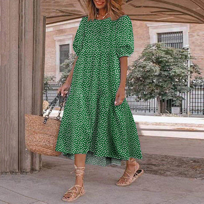 2025 Summer New Women’s Print Dress Puff Short Sleeves Ruffles Loose A-line Midi Dresses Fashion Casual Beach Vacation Vestidos