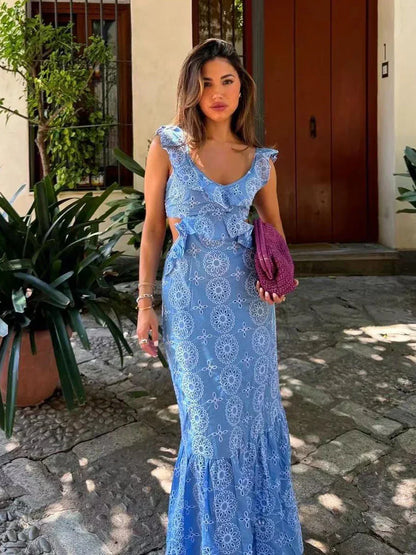 Blue Hollow Out Embroidered Midi Dress Women Summer New V Neck Sleeveless Ruffle Long Dresses Elegant Fashion Holiday Vestidos