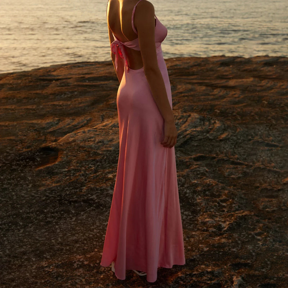 Cutout Tie-Up Silky Cami Maxi Dress