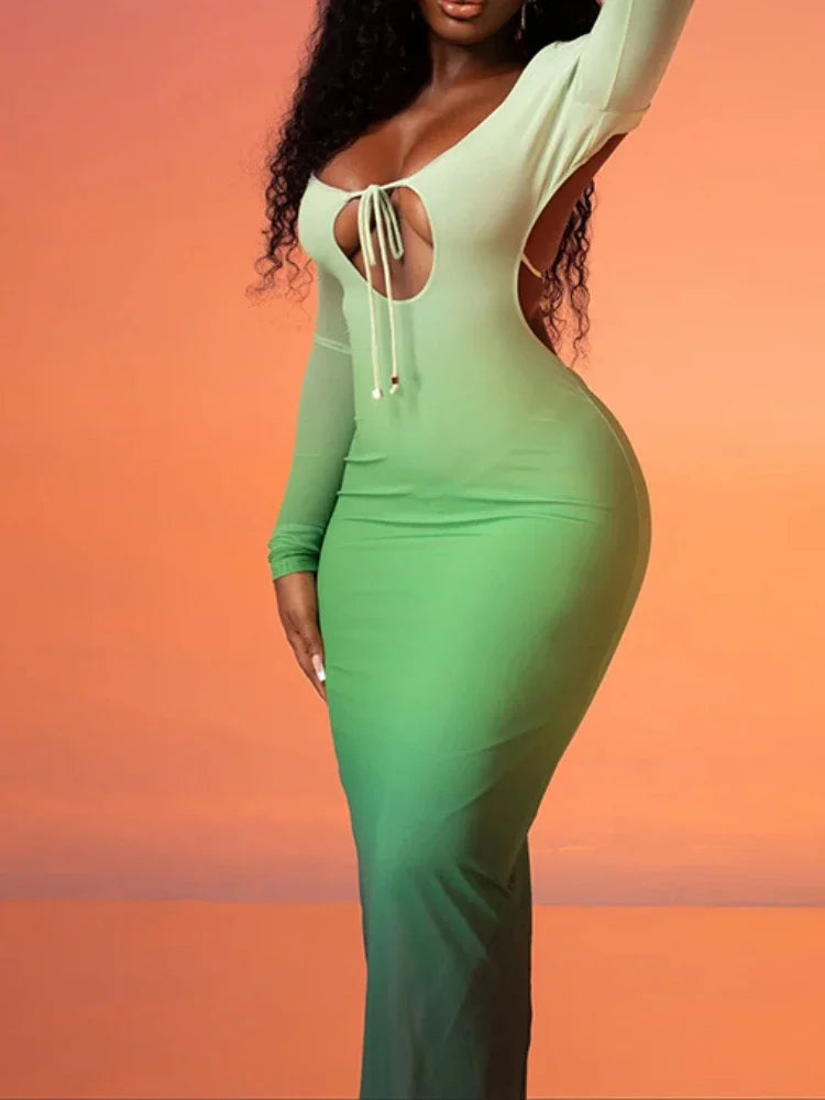 Gradient Hollow Cross Strap Maxi Dress