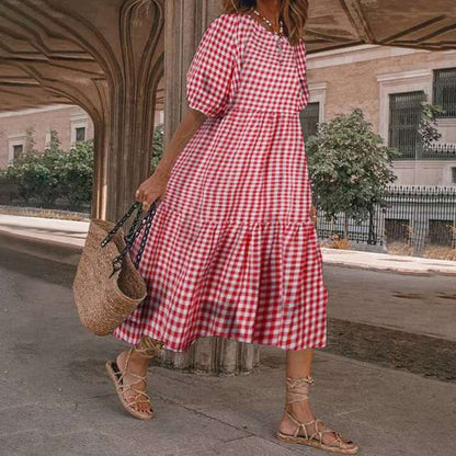 2025 Summer New Women’s Print Dress Puff Short Sleeves Ruffles Loose A-line Midi Dresses Fashion Casual Beach Vacation Vestidos