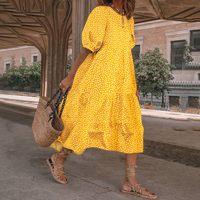 2025 Summer New Women’s Print Dress Puff Short Sleeves Ruffles Loose A-line Midi Dresses Fashion Casual Beach Vacation Vestidos
