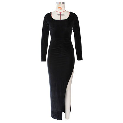 DressBetty - Elegant Velvet High Waist Slit Maxi Dress Sexy Long Sleeve Evening Party Dress