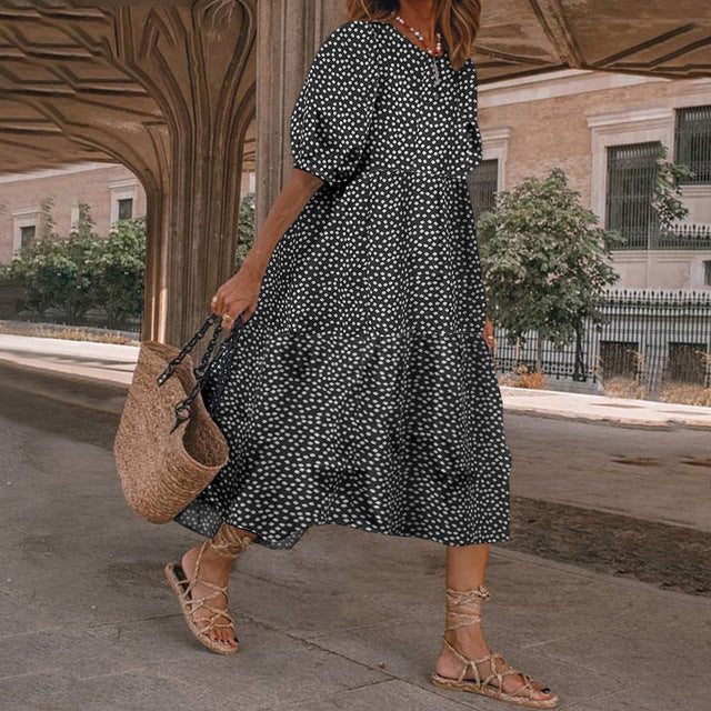 2025 Summer New Women’s Print Dress Puff Short Sleeves Ruffles Loose A-line Midi Dresses Fashion Casual Beach Vacation Vestidos