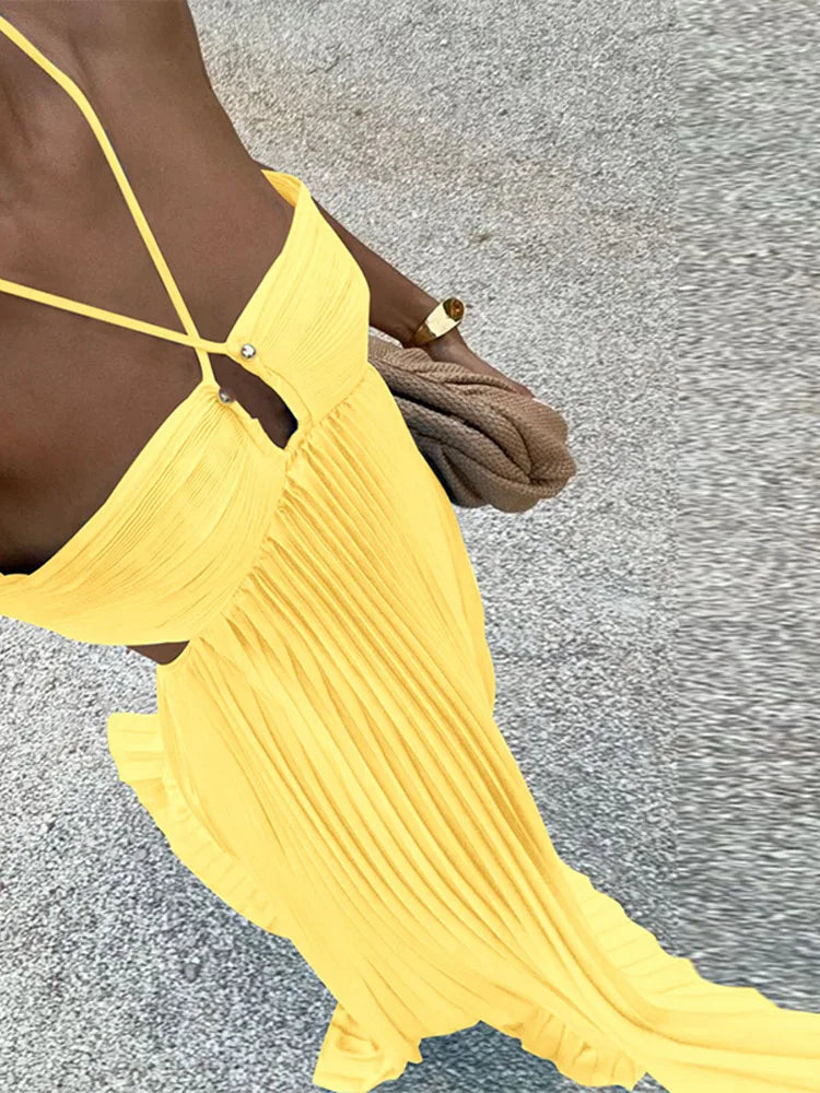 Pleated Blue Halter Maxi Dress