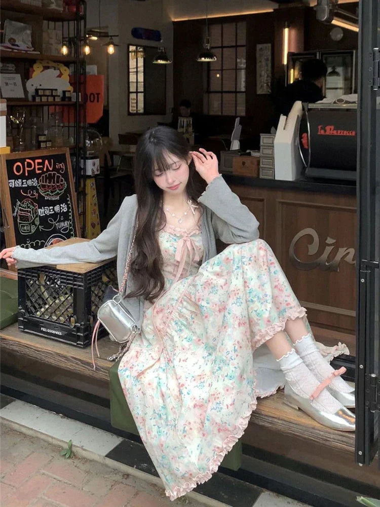 Japanese Kawaii Y2k Midi Dress Casual Sweet Bow Splicing Flower Print Dress Korean Evening Party