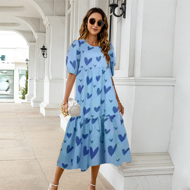 2025 Summer New Women’s Print Dress Puff Short Sleeves Ruffles Loose A-line Midi Dresses Fashion Casual Beach Vacation Vestidos