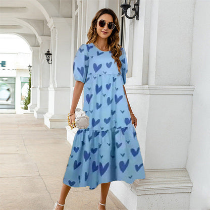 2025 Summer New Women’s Print Dress Puff Short Sleeves Ruffles Loose A-line Midi Dresses Fashion Casual Beach Vacation Vestidos