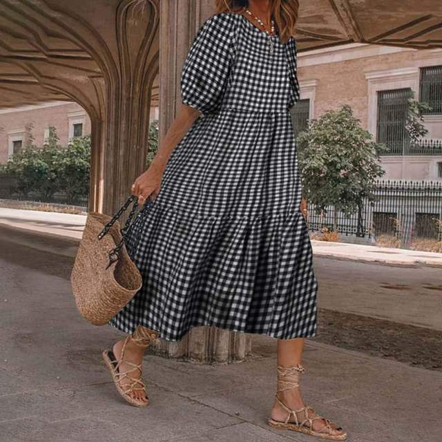 2025 Summer New Women’s Print Dress Puff Short Sleeves Ruffles Loose A-line Midi Dresses Fashion Casual Beach Vacation Vestidos