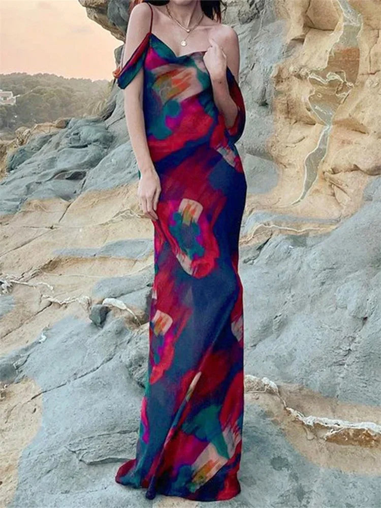 Print Mesh Pleated Off Shoulder Maxi Dress