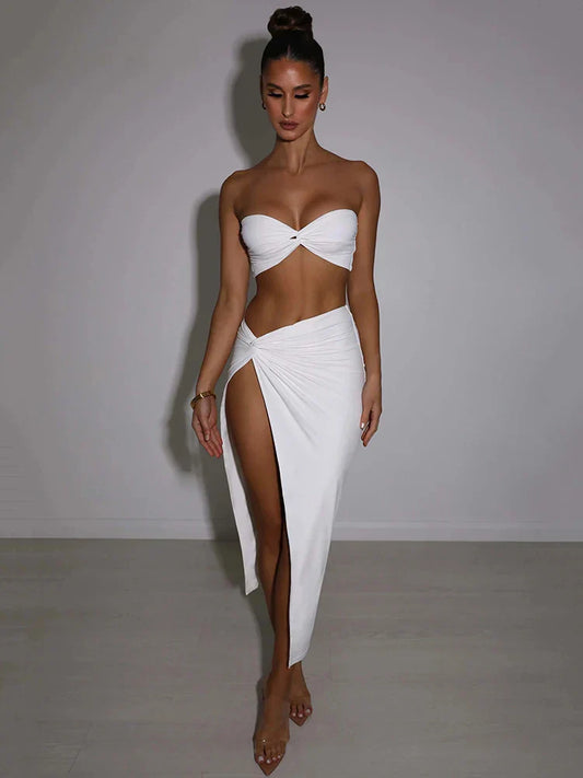 Elegant Strapless Two Piece Midi Dress