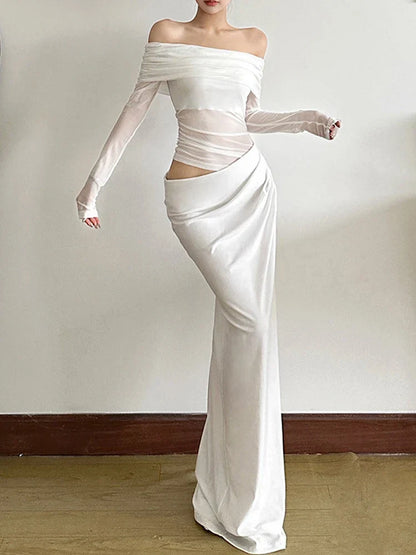 Mesh Slash Neck Patchwork Maxi Dress