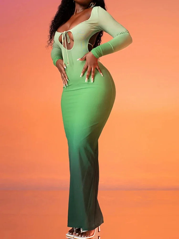 Gradient Hollow Cross Strap Maxi Dress