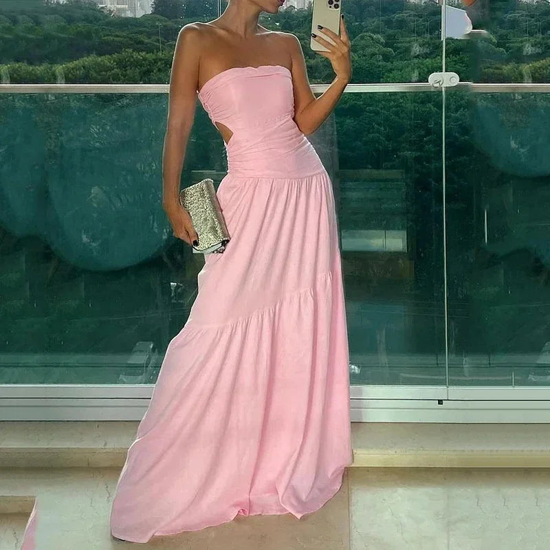 Cutout Pleated Off Shoulder Maxi Dress