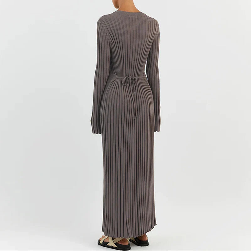Ribbed Knit Crew Neck Maxi Dress