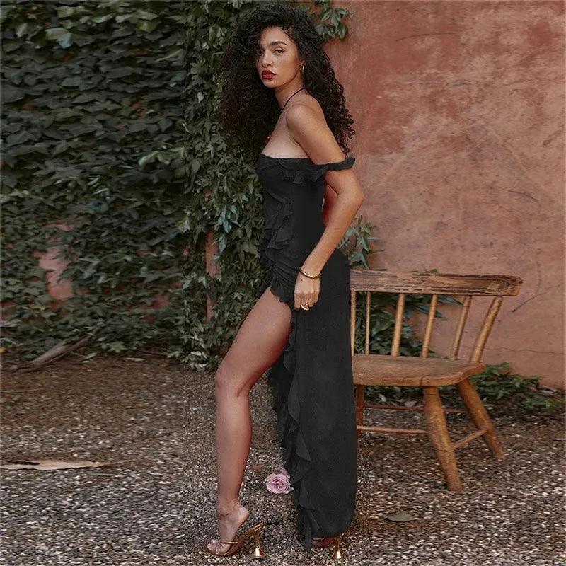 Ruffles Slash Neck Red Black Maxi Dress